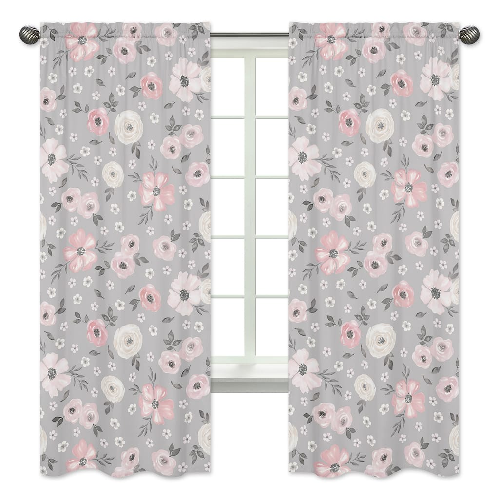 Grey Watercolor Floral 84-inch Window Treatment Curtain Panel Pair - Blush Pink Gray White Shabby Chic Rose Flower Farmhouse