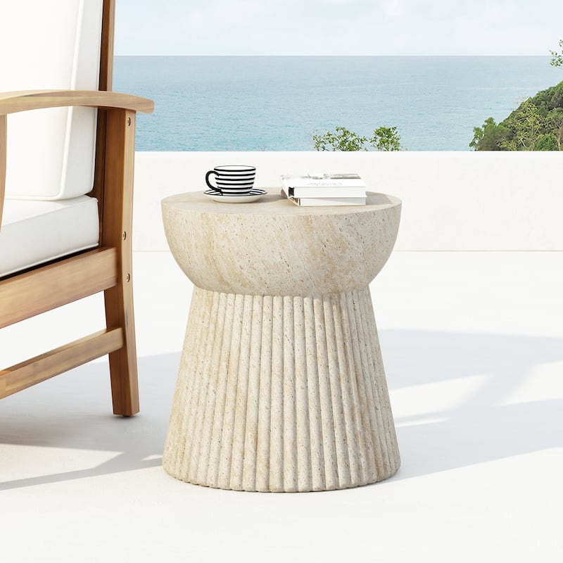 Roomfitters Outdoor Travertine Concrete Side Table with Fluted Base, Weather-Resistant Accent End Table, Beige - Beige