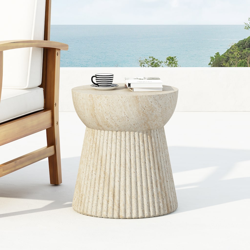 Roomfitters Outdoor Travertine Concrete Side Table with Fluted Base, Weather-Resistant Accent End Table, Beige