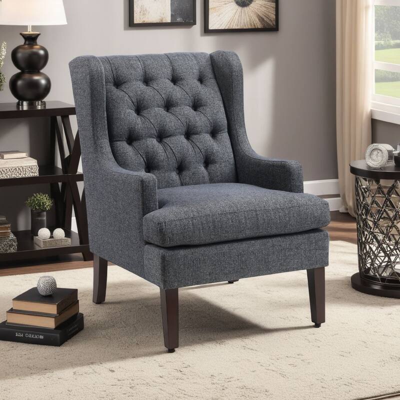Hosanna Accent Wing Armchair, Button Tufted Charcoal Gray, Brown
