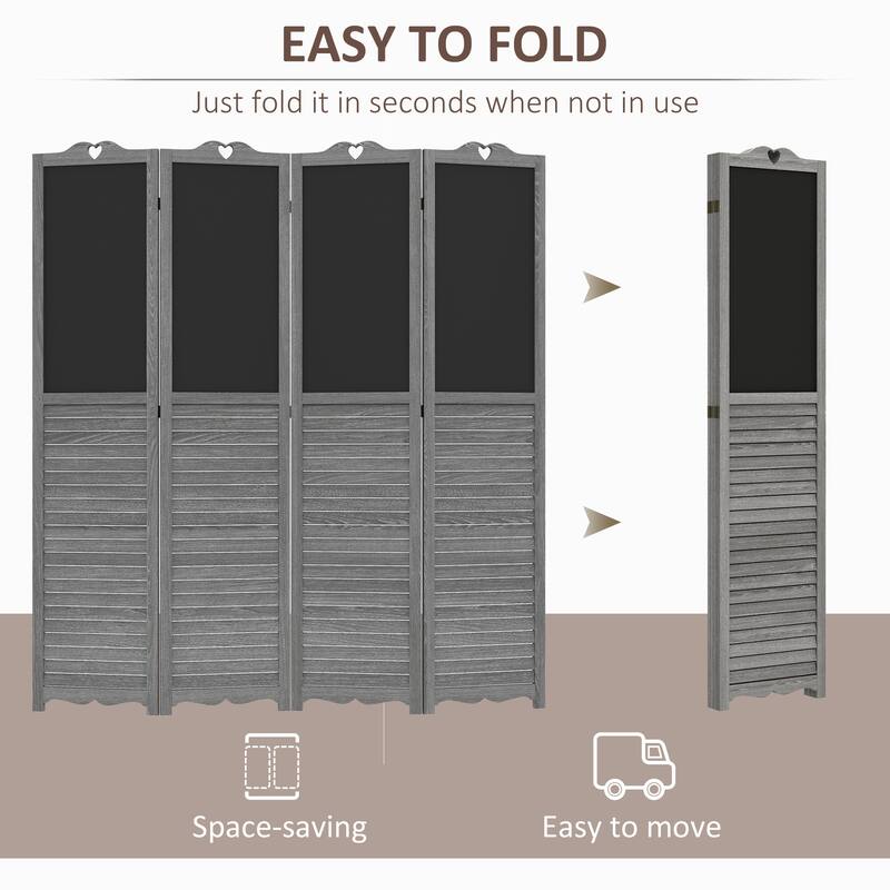 HOMCOM 4-Panel Folding Room Divider with Blackboard, 5.5 Ft Tall Freestanding Privacy Screen Panels for Bedroom or Office, Gray