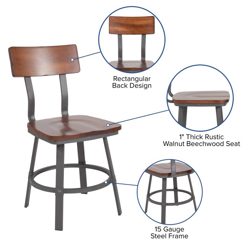 Rustic Walnut Restaurant Chair with Wood Seat & Back and Gray Powder Coat Frame - 16.25"W x 22.25"D x 33.5"H