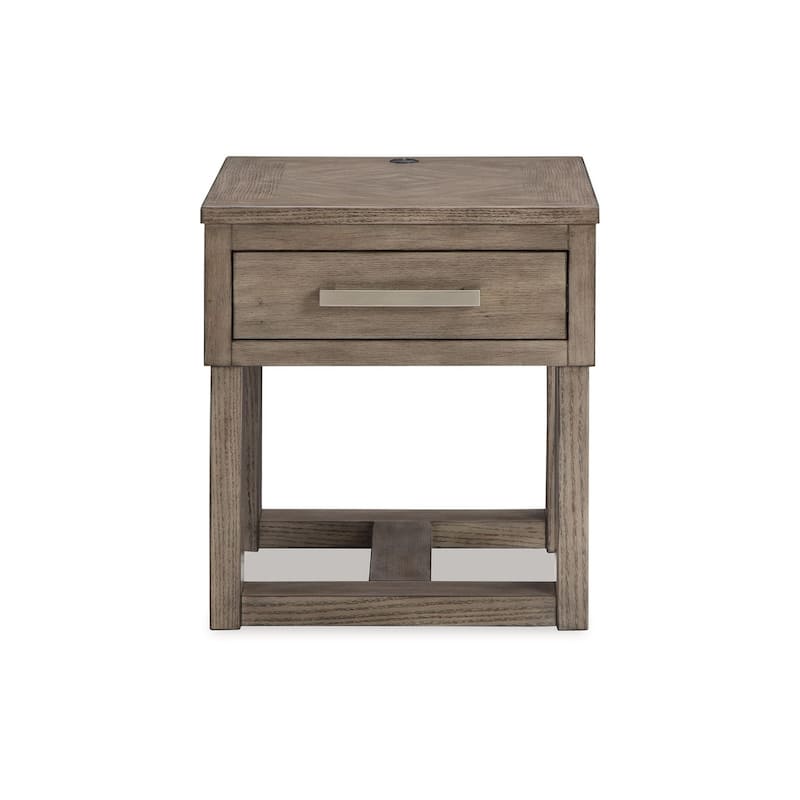 Aska Rectangular Side End Table with Drawer, USB Port, 24 Inch Gray