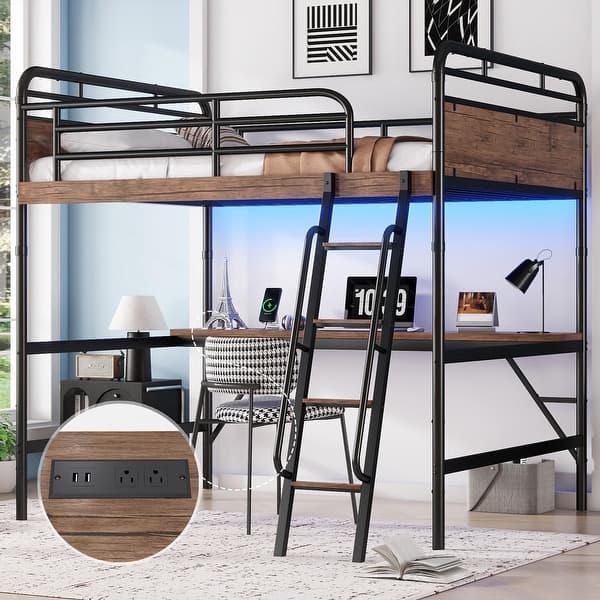 slide 2 of 12, Metal Loft Bed with Desk, LED Lights & USB Charging Station, Loft Bed Frame with Safety Guardrails Black
