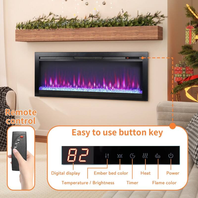 44 in. Wall Mount Recess Tempered Glass Electric Fireplace with remote multi color,LED light heater in Black