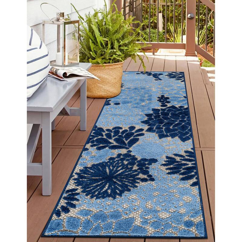 World Rug Gallery Indoor/Outdoor High-Low Textured Area Rug, Floral, Easy-Clean Patio Rug - Blue - 2' x 7'