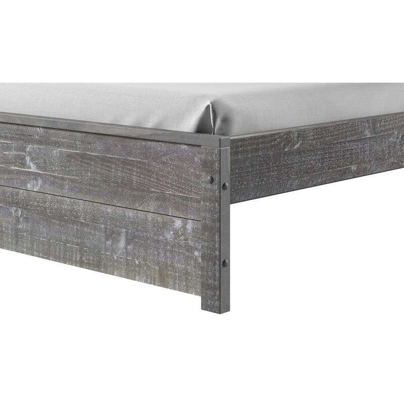 Queen Size Wood Bed Frame - Rustic Recluse Solid Pine Bed - Misty Grey Finish