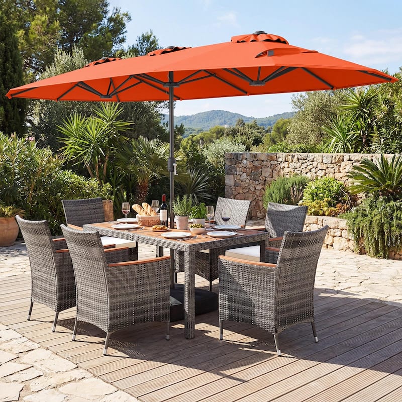 Gymax 8-Piece Patio Dining Set w/ Double-Sided Market Umbrella Acacia