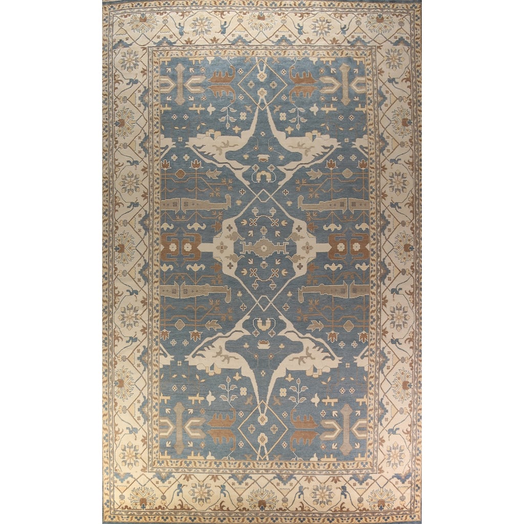 All-Over Blue & Ivory Oushak Indian Large Rug Hand-Knotted Wool Carpet - 13'1"x 20'7"