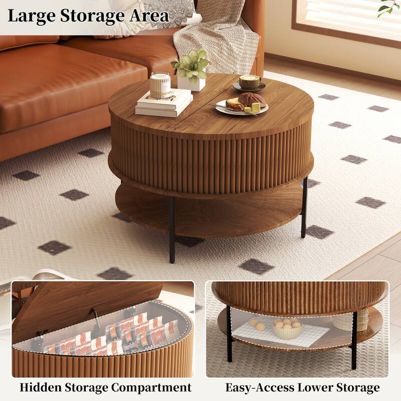 31.5 Inch Farmhouse Brown Lift Top Coffee Table, Round Storage Cocktail Table with Sturdy Steel Legs, for Living Room