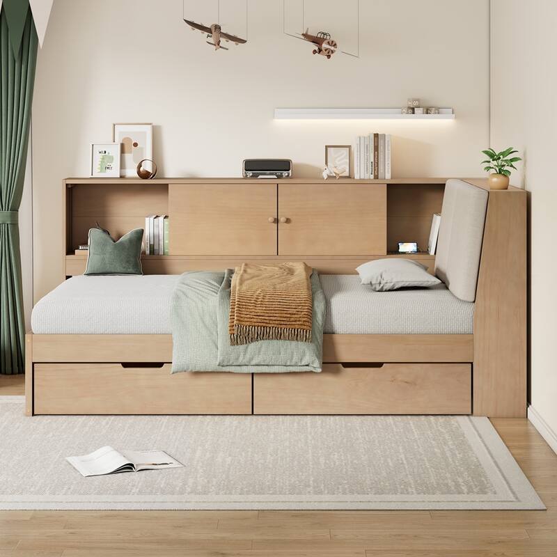 L-shaped Daybed Corner Bed with Storage Bookcase and USB Charging Ports