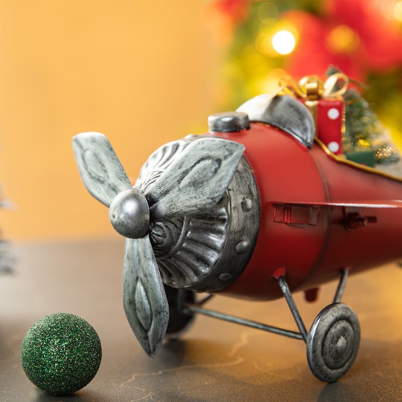 Glitzhome 14"L Christmas Metal Airplane with Gifts Table Decor