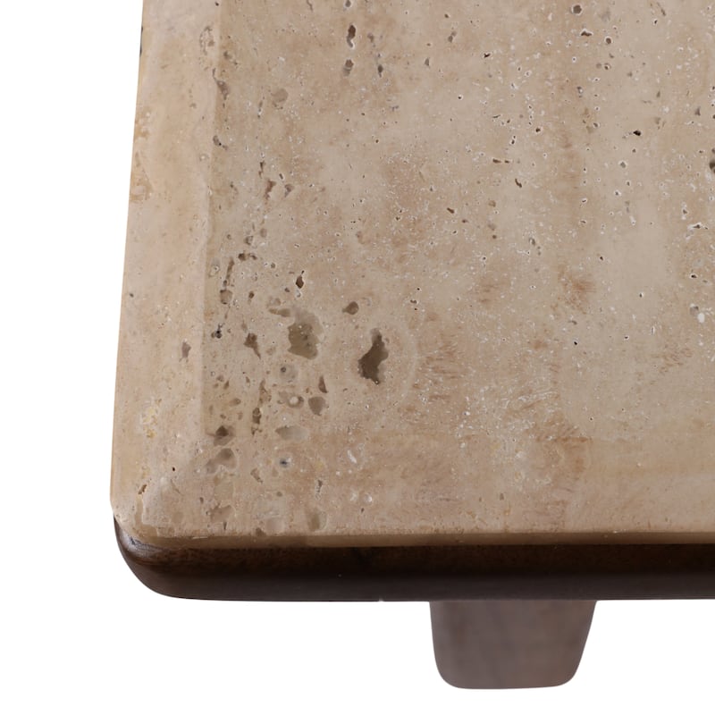 Square Stone Top Accent Side Table with Wood Base - 21", Tan & Brown - 21.0"