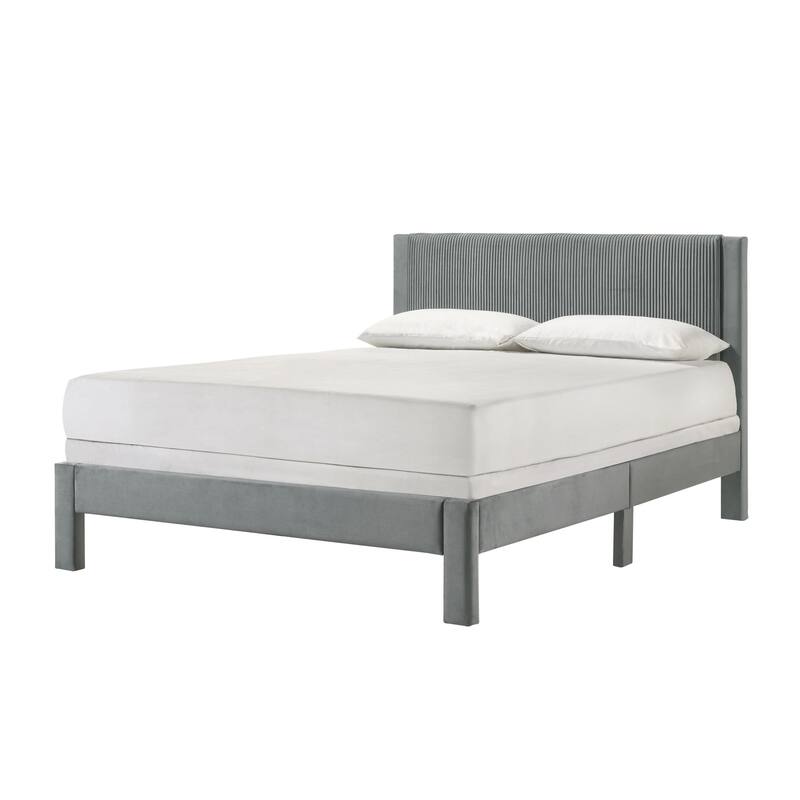 Cery Full Size Platform Bed, Light Gray Upholstery, Textured Headboard