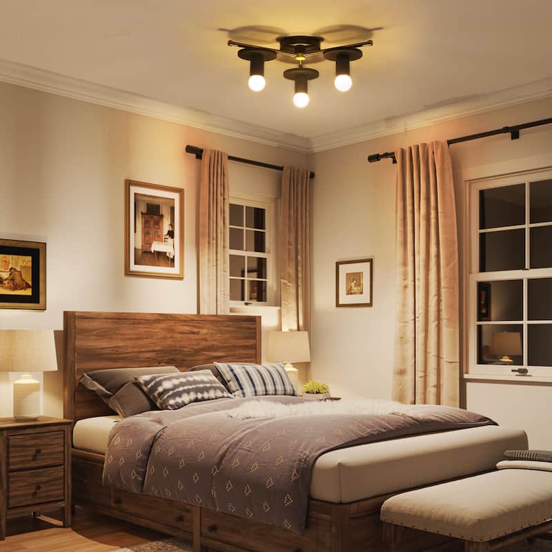 17.5" W 3-Light Modern Green/Black Sputnik Metal Wooden Semi-flush Mount Ceiling Light for Living Room, Bedroom