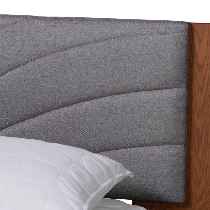 Hemera Mid-Century Modern Grey Fabric and Walnut Brown Wood Queen Size Platform Bed With Floating Side Table