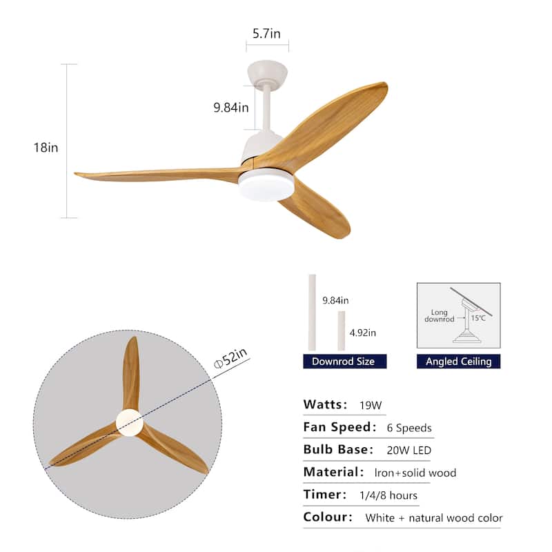 52" Ceiling Fan w/ Dimmable LED Light Remote Control Reversible DC Motor