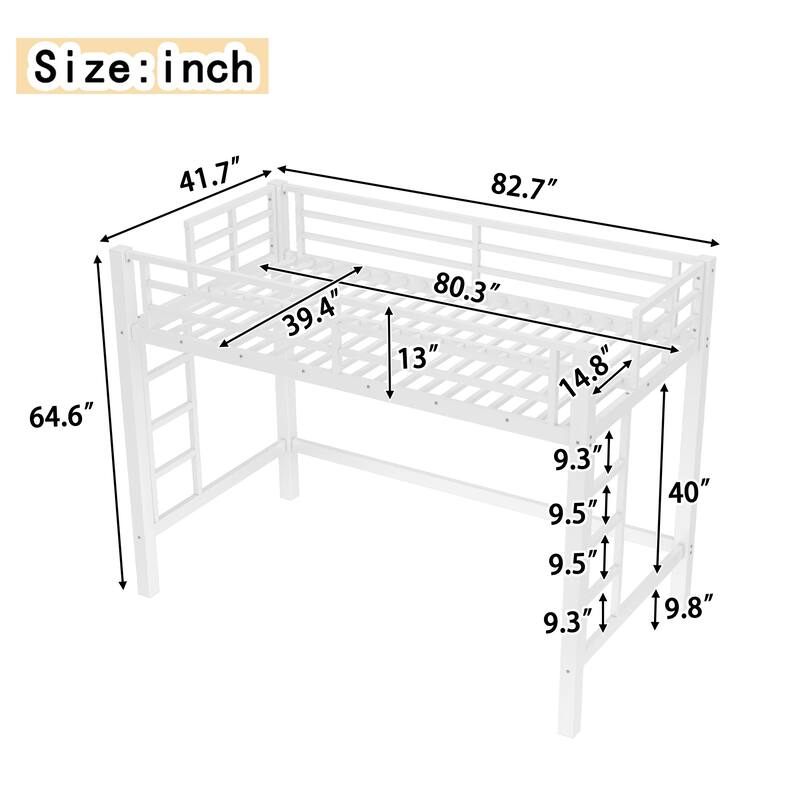 Metal Loft Bed with Dual Ladders and Guardrails, Space Saving Loft Bed for Dorm or Bedroom