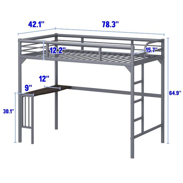 dimension image slide 0 of 2, Twin Size Metal loft Bed with Desk, Ladder and Guardrails, Bookdesk under Bed for Bedroom