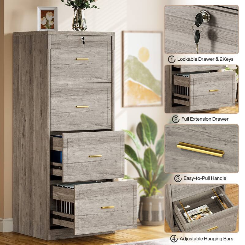 4-Drawer File Cabinet with Lock and Key, Vertical Wooden Filling Cabinet for A4/Letter/Legal Size Files