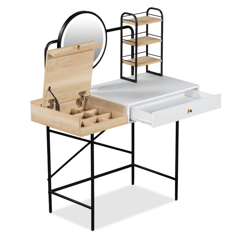 HomeRoots 41" Black Natural And White Wood and Iron Vanity Table With Mirror And Lights