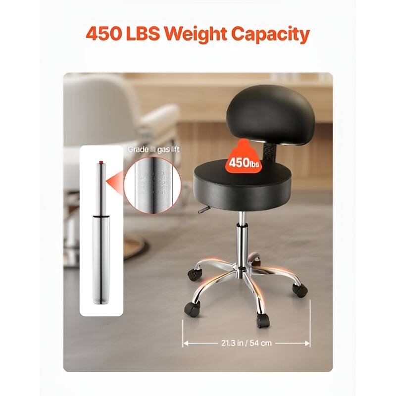 Adjustable Round Stool with Backrest & Wheels, 450 lbs Capacity - 21.3 x 21.3 x (33.1-39.4) in
