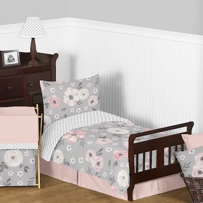 Grey Watercolor Floral Girl 5pc Toddler-size Comforter Set - Blush Pink Gray White Shabby Chic Rose Flower Polka Dot Farmhouse