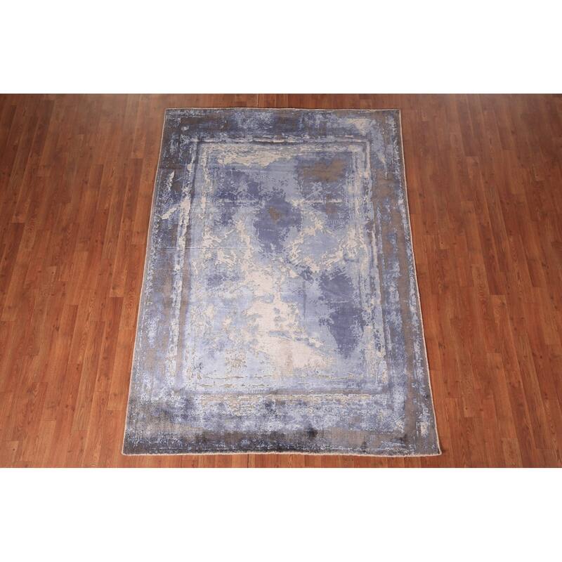 Abstract Modern Area Rug Handmade Blue Wool Carpet - 5'4" x 7'6"