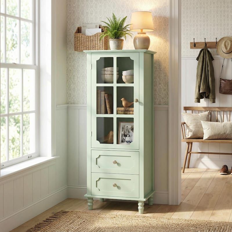Homy Casa Minimalist Buffet Cabinet with Glass Doors & Drawer, Storage Sideboard, Kitchen Living & Dining Room Hallway Entryway - 19" - Mint Green
