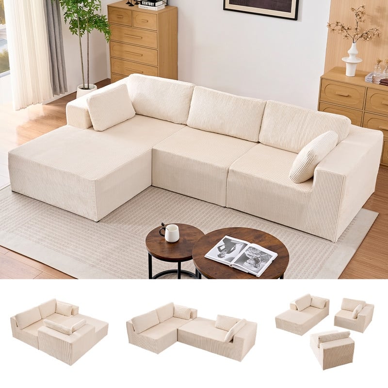 Mixoy 3-Pcs Free Combination Modular Sectional Sofas,Corduroy Compressed L-Shaped Sofa with Flexible Configuration - 3-Seater - Beige - Reversible