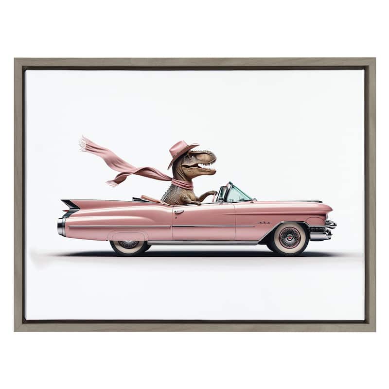 Kate and Laurel Sylvie Cowgirl Dino Driving 1950s Pink Cadillac Framed Canvas by Saint and Sailor Studios
