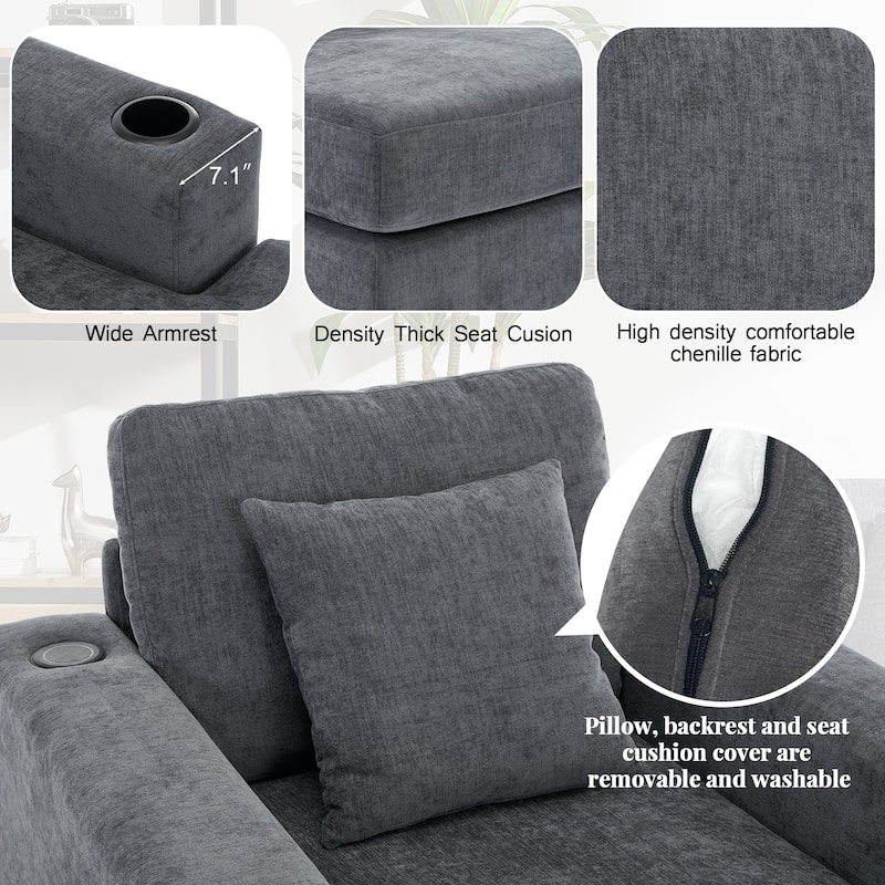 Oversized Chaise Lounger Modern Sofa Couch with Pillows, Charge Station & Cup Holders