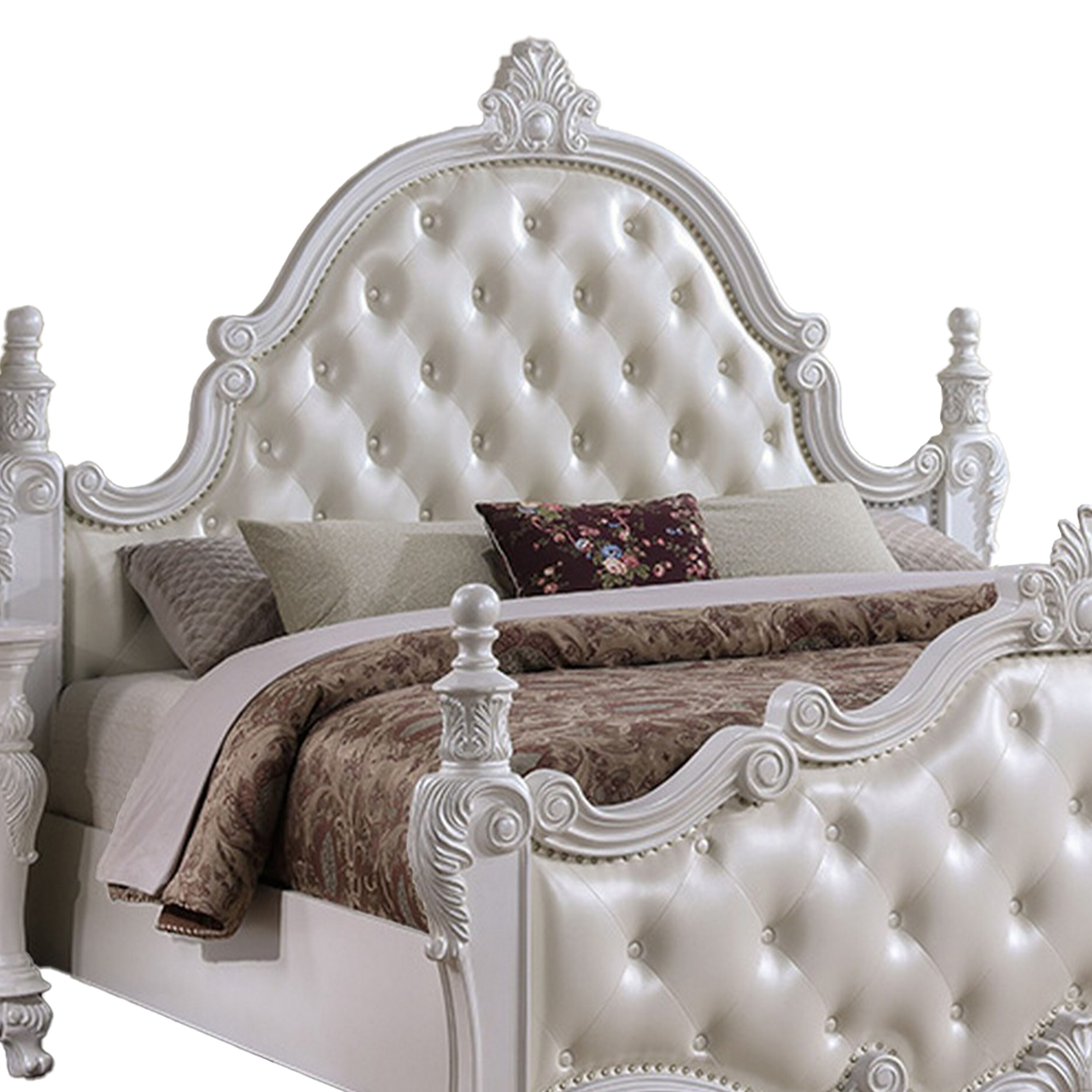 Benjara Moni Queen Bed, White Button Tufted Traditional Upholstery