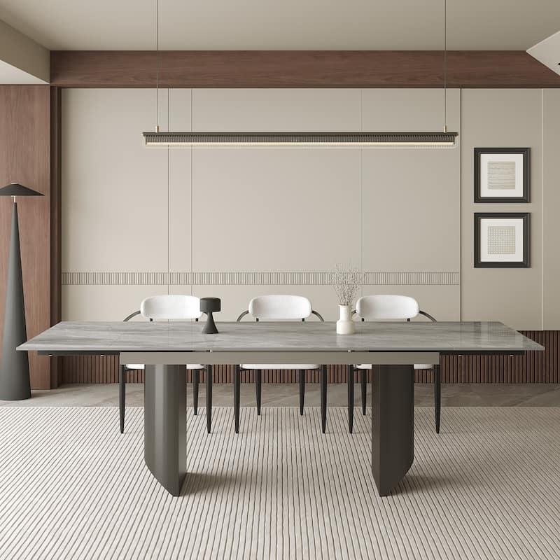 9 - Piece Extendable Sintered Stone Top Double Pedestal Dining Set With 8 Fabric Chairs