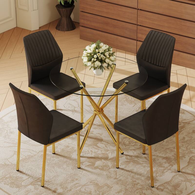 4-Piece Dining Set with 36.6'' Round Tempered Glass Table & Black-Gold Chairs - Modern Luxe Style