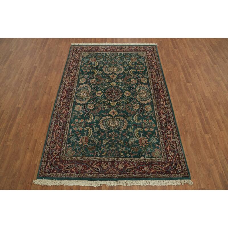 Hand Knotted Oriental 100% Wool Carpet Traditional All-Over Green Kashan Area Rug - 8' 11'' X 6' 1''