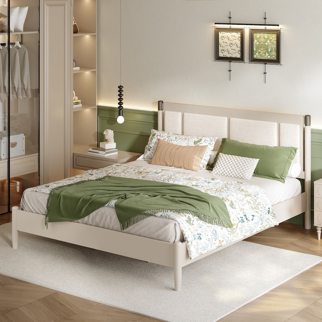 Christopher Knight Home - Modern Wood Platform Bed with Upholstered Headboard & Metal Handle Accents