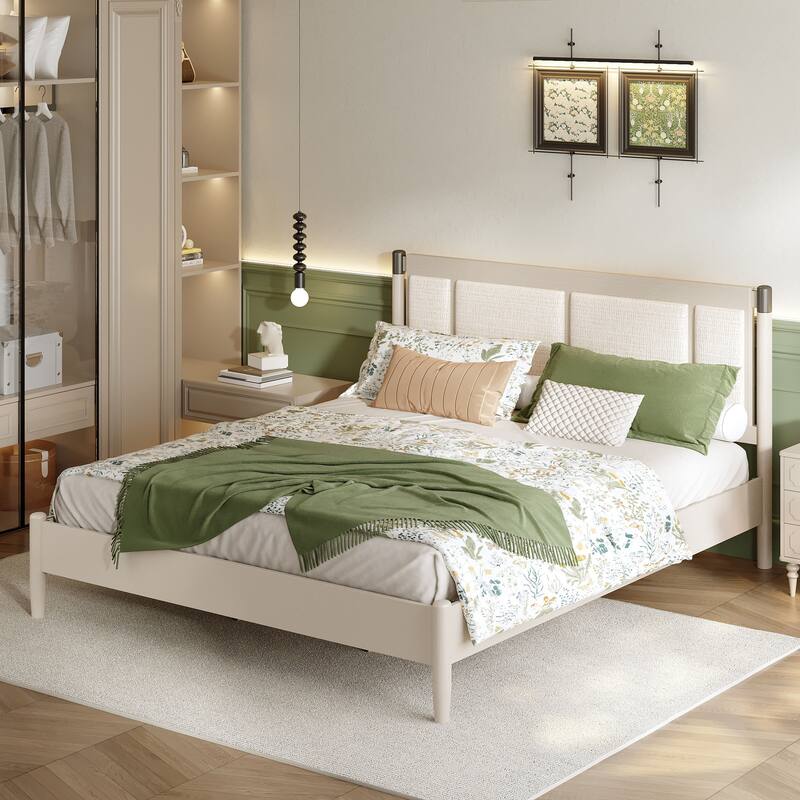 Solid Wood Platform Bed Frame, No Box Spring Needed, Upholstered Headboard Wingback Bed, Wood Slat Support