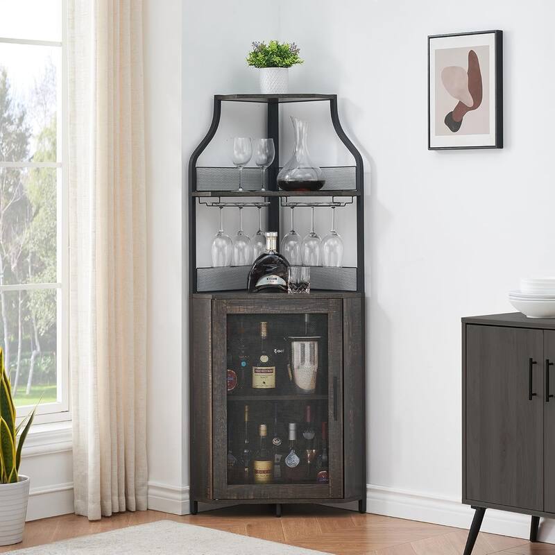 Corner Wine Cabinet with Detachable Wine Rack, 5-Tier Industrial Corner Bar Cabinet