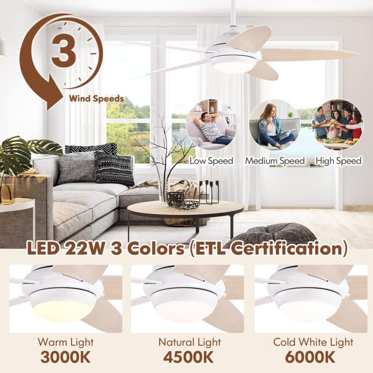 52 Inch Ceiling Fan with Lights and 3 Lighting Colors - 52" (D)