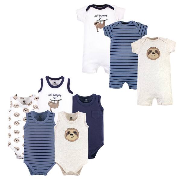 slide 1 of 1, Hudson Baby Infant Boy Cotton Bodysuits and Rompers, 8-Piece, Sloth 12 - 18 Months - Blue