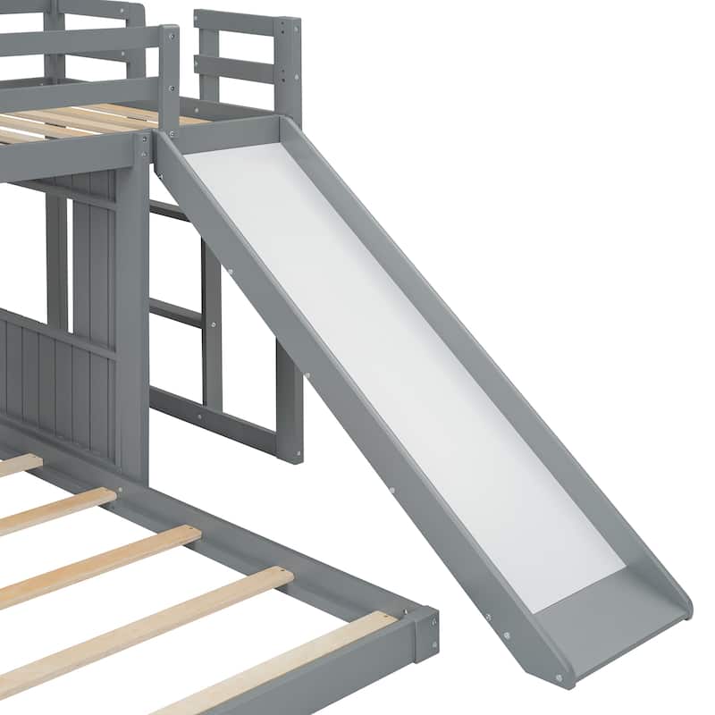 Wooden Twin Over Full Bunk Bed, Loft Bed with Playhouse, Farmhouse, Ladder, Slide and Guardrails, Gray
