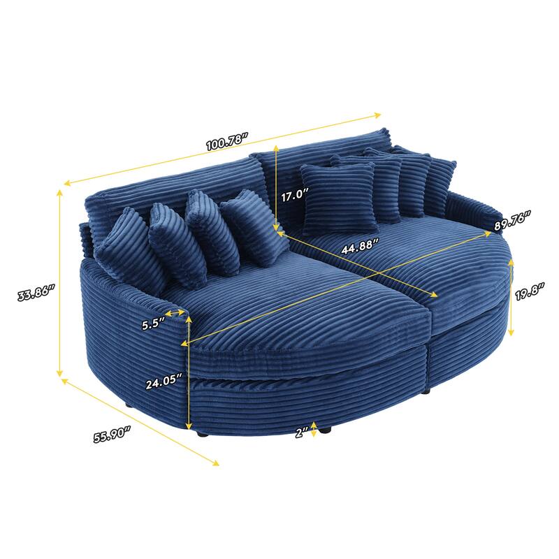 Oversized Fan-shaped Corduroy Couch, 2-piece Sectional Sofa with 4 & 8 Throw Pillows