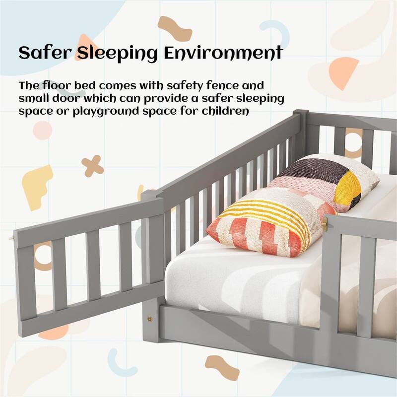 Full Size Floor Bed for Children, Sturdy Wood Montessori Bed Frame with Fence & Door