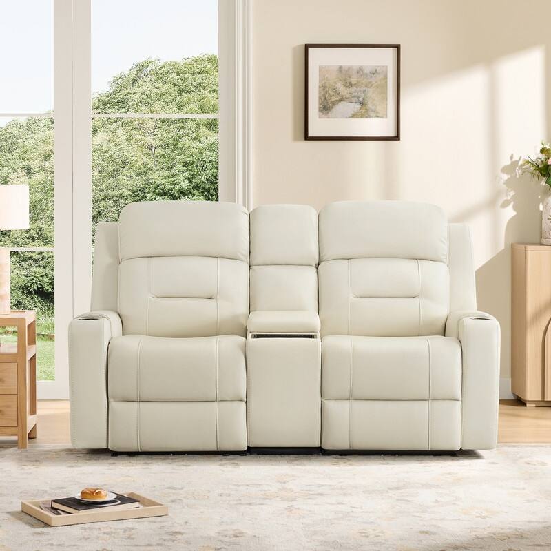 Spruce & Spring Genuine Leather Power Reclining Sofa with Wireless Charging - 2PC+Console - Cream