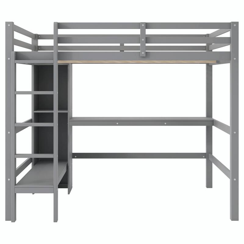 Full Size Loft Bed with Multifunction Shelves and Under-bed Desk