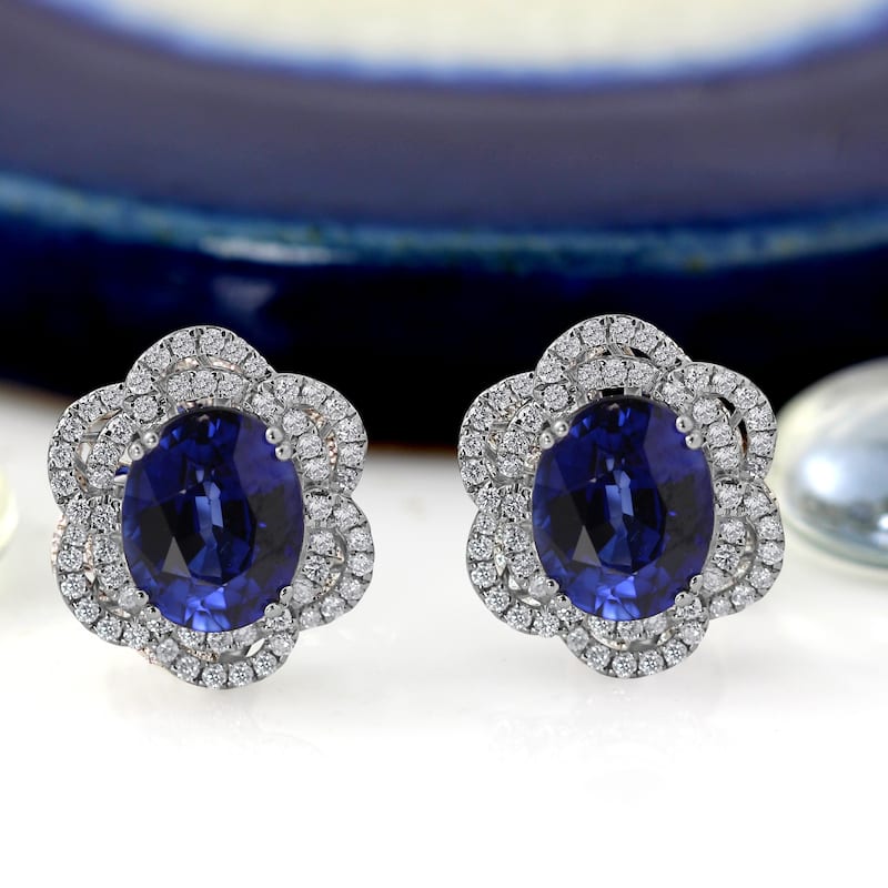 Auriya Vintage Inspired 6 9/10ct Blue Sapphire Oval and 5/8ct Diamond Halo Stud Earrings 18k Gold