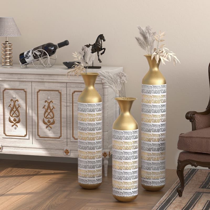 Floor Metal Decorative Vase Tall Distressed Metallic Centerpiece Vases with Pattern, Set of 3 Vases