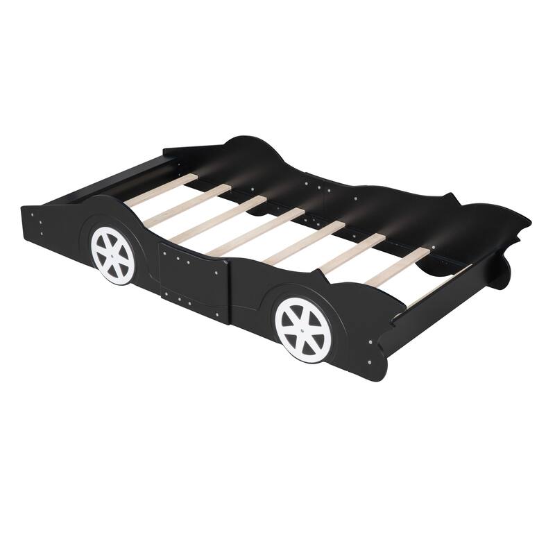 Full Size Race Car-Shaped Platform Bed with Sturdy Construction and Side Rails