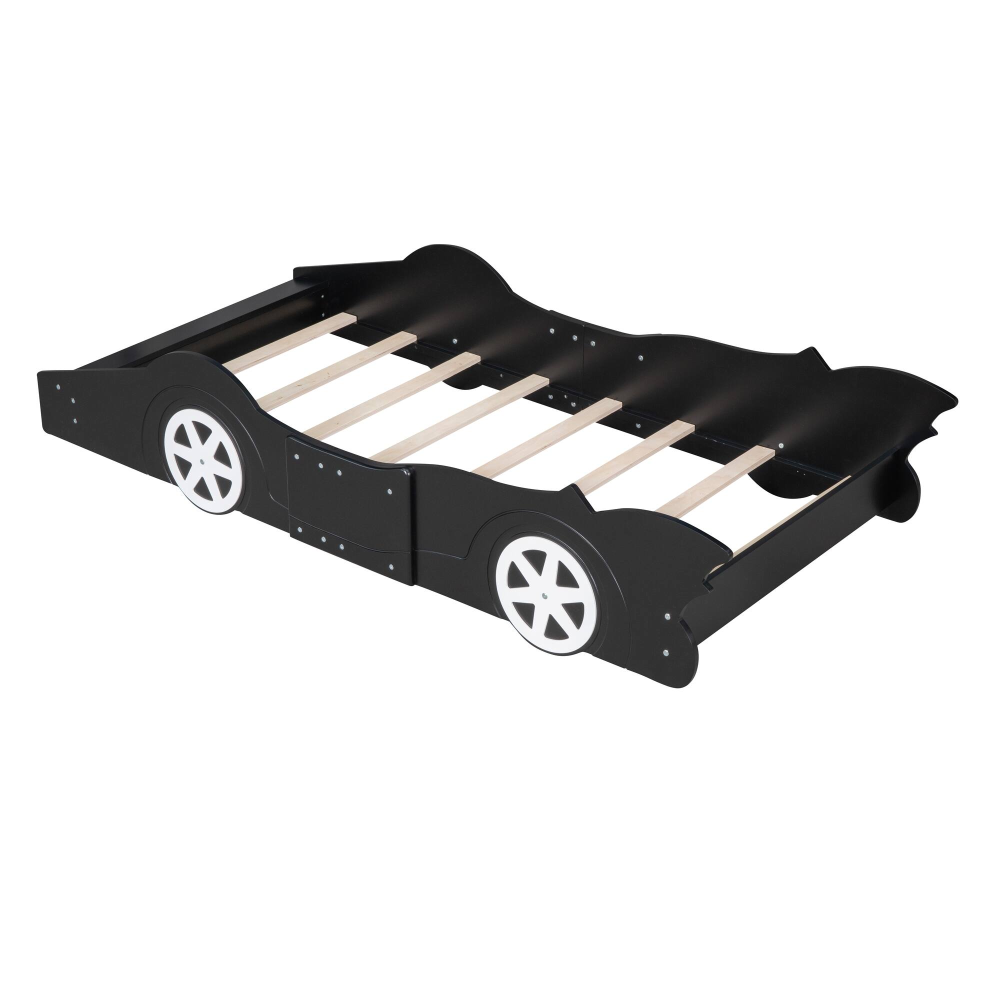 Twin Size Race Car Bed with Four Wheels, Wood Platform Bed with Support ...